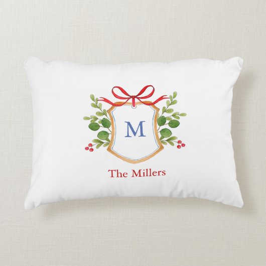 緑のモノグラムホリデイ付きクレスト アクセントクッション (正面)