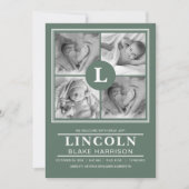 緑のモノグラム男の赤ちゃん生誕通知カード 案内状 (正面)