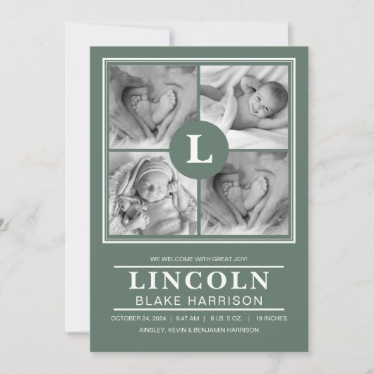緑のモノグラム男の赤ちゃん生誕通知カード 案内状 (正面)