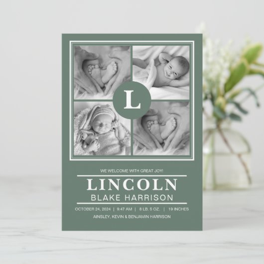 緑のモノグラム男の赤ちゃん生誕通知カード 案内状 (スタンド正面)