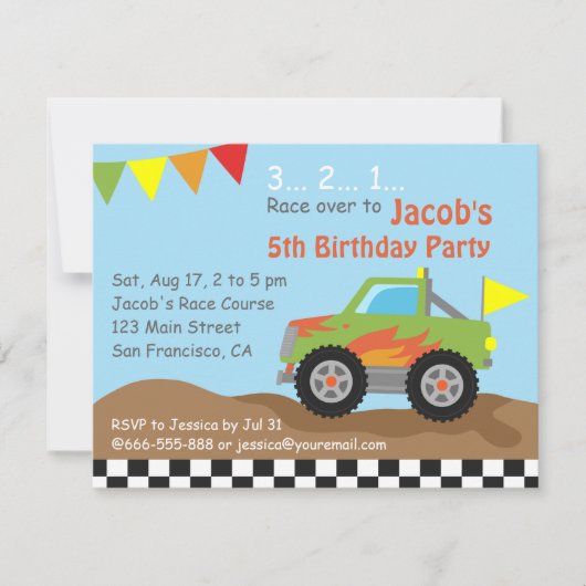 緑のモンスタートラックの誕生会 招待状 (正面)