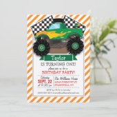 緑のモンスタートラック チェック柄の旗 オレンジのストライプ 招待状 (スタンド正面)