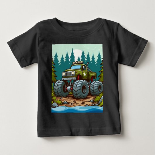 緑のモンスター・トラックが森の中に ベビーTシャツ (正面)