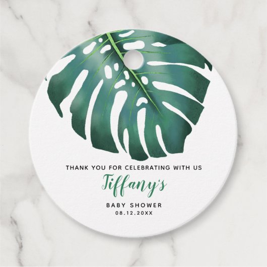 緑のモンステラ葉の赤ちゃんシャワー フェイバータグ (正面)