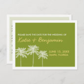 緑のヤシの木結婚夏のシックな日付を除く 案内ポストカード (正面/裏面)
