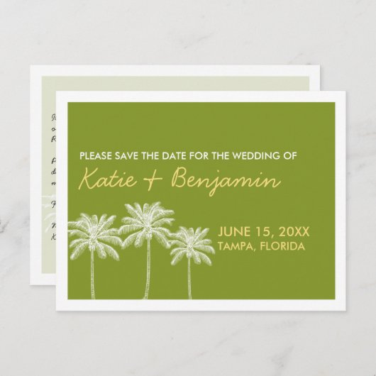 緑のヤシの木結婚夏のシックな日付を除く 案内ポストカード (正面/裏面)
