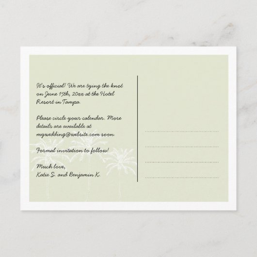 緑のヤシの木結婚夏のシックな日付を除く 案内ポストカード (裏面)
