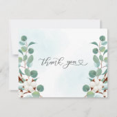 緑のユーカリとコットンの花結婚の サンキューカード (正面)
