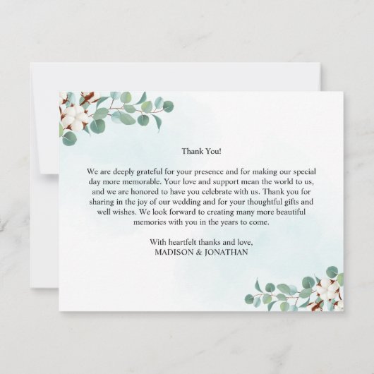 緑のユーカリとコットンの花結婚の サンキューカード (裏面)