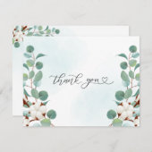 緑のユーカリとコットンの花結婚の サンキューカード (正面/裏面)