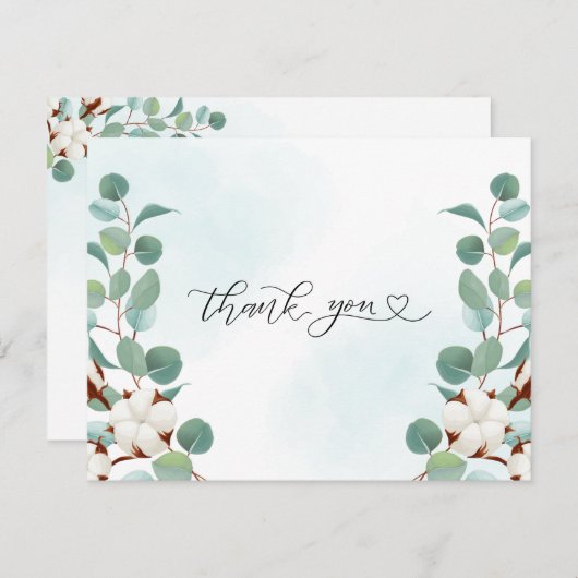 緑のユーカリとコットンの花結婚の サンキューカード (正面/裏面)