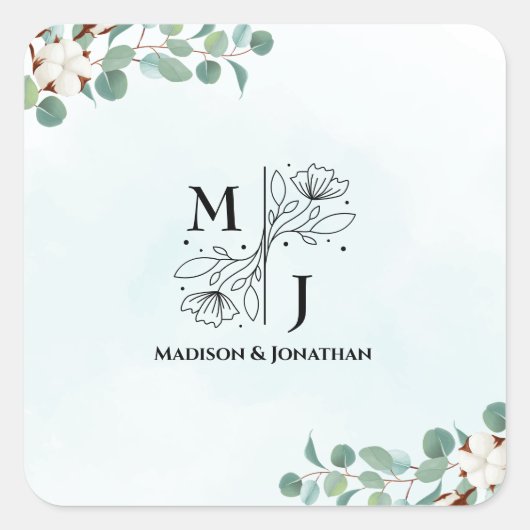 緑のユーカリとコットンの花結婚の スクエアシール (正面)