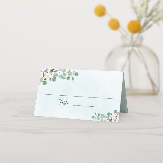 緑のユーカリとコットンの花結婚の プレイスカード (正面)