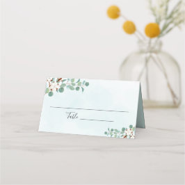 緑のユーカリとコットンの花結婚の プレイスカード