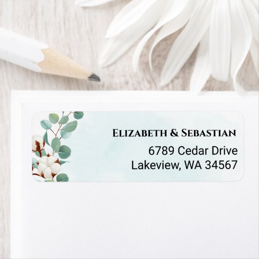 緑のユーカリとコットンの花結婚の ラベル (インサイチュ)