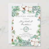 緑のユーカリと綿のカップルのシャワー 招待状 (正面)