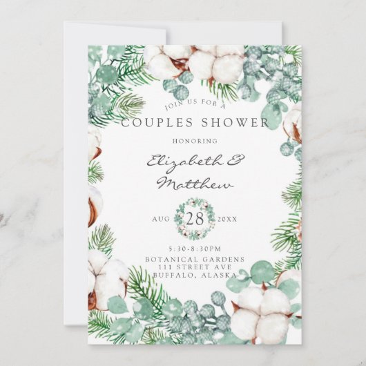 緑のユーカリと綿のカップルのシャワー 招待状 (正面)