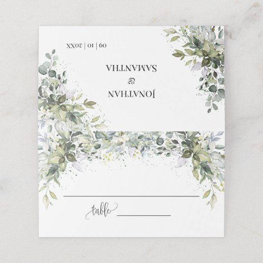 緑のユーカリのシャワ結婚ーの座席の折り畳み プレイスカード (外部開封)