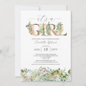 緑のユーカリのピンク女の子の赤ちゃんシャワー 招待状 (正面)