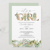 緑のユーカリのピンク女の子の赤ちゃんシャワー 招待状 (正面/裏面)