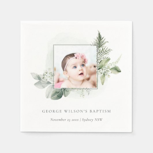 緑のユーカリの写真の葉はバプテスマを交差 スタンダードカクテルナプキン (正面)