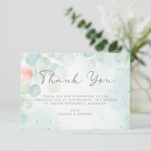 緑のユーカリの水グラデーション色結婚の サンキューカード (スタンド正面)