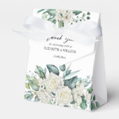 緑のユーカリの白いバラパーソナライズされた フェイバーボックス (正面サイド)