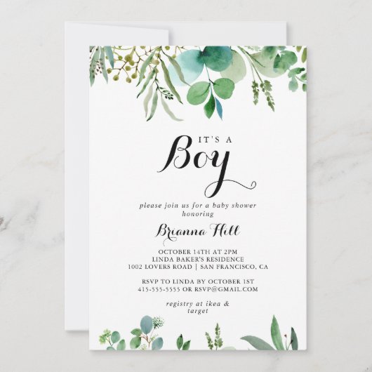 緑のユーカリの葉それは男の子の赤ちゃんシャワーだ 招待状 (正面)