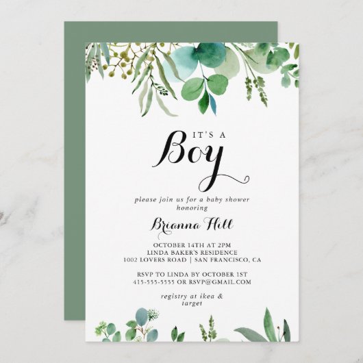 緑のユーカリの葉それは男の子の赤ちゃんシャワーだ 招待状 (正面/裏面)