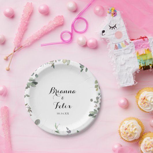 緑のユーカリの葉の喜び結婚のケーキ ペーパープレート (パーティー)