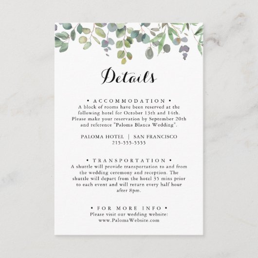 緑のユーカリの葉の喜び結婚の詳細 エンクロージャーカード (正面)