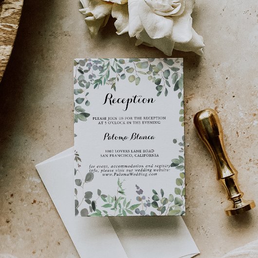 緑のユーカリの葉の喜び結婚披露宴 エンクロージャーカード