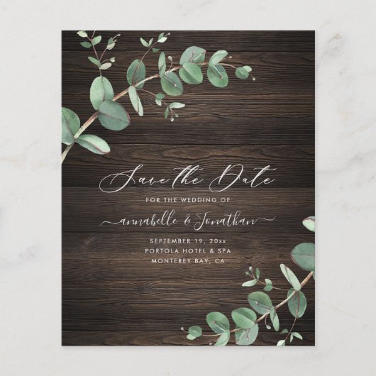 緑のユーカリの葉の素朴な暗色の木材を予算に計上 チラシ (正面)