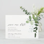 緑のユーカリの葉は日付を保存招待状 サンキューカード (スタンド正面)