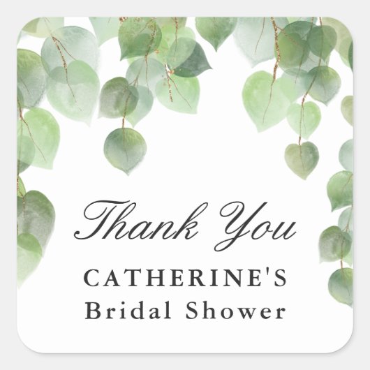 緑のユーカリの葉、ありがとう、お願い スクエアシール (正面)