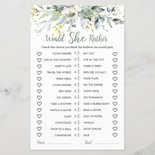 緑のユーカリは彼女はむしろブライダルゲーム チラシ (正面)