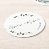 緑のユーカリエレガントプタスのスクリプ結婚ト名 ラウンドペーパーコースター (アングル)