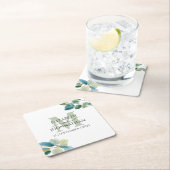 緑のユーカリモノグラムのプ結婚ス スクエアペーパーコースター (インサイチュ)