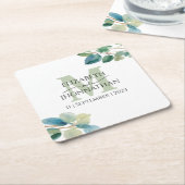 緑のユーカリモノグラムのプ結婚ス スクエアペーパーコースター (アングル)