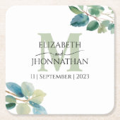 緑のユーカリモノグラムのプ結婚ス スクエアペーパーコースター (正面)