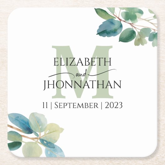 緑のユーカリモノグラムのプ結婚ス スクエアペーパーコースター (正面)