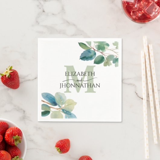 緑のユーカリモノグラムのプ結婚ス スタンダードカクテルナプキン (インサイチュ)