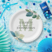 緑のユーカリモノグラムのプ結婚ス ペーパープレート (パーティー)