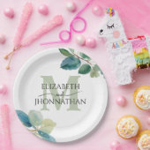 緑のユーカリモノグラムのプ結婚ス ペーパープレート (パーティー)