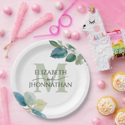緑のユーカリモノグラムのプ結婚ス ペーパープレート (パーティー)