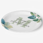 緑のユーカリモノグラムのプ結婚ス ペーパープレート (アングル)