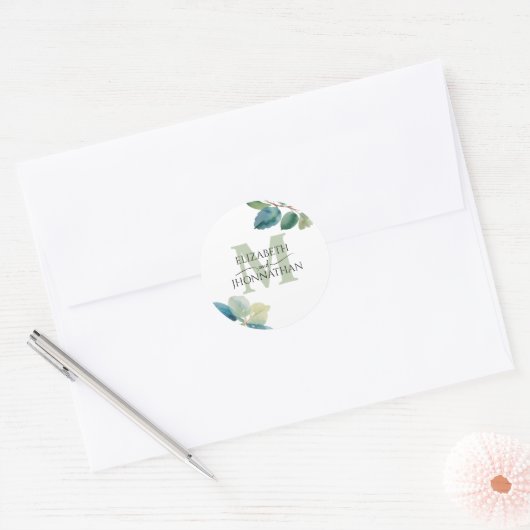 緑のユーカリモノグラムのプ結婚ス ラウンドシール (封筒)