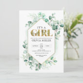 緑のユーカリ女の子の赤ちゃんシャワー水色 招待状 (スタンド正面)