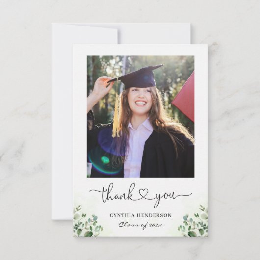 緑のユーカリ文字卒業写真 サンキューカード (正面)