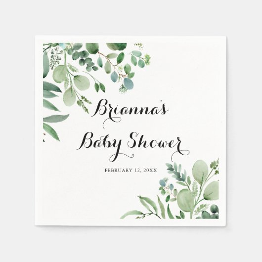 緑のユーカリ植物葉の赤ちゃんシャワー スタンダードカクテルナプキン (正面)